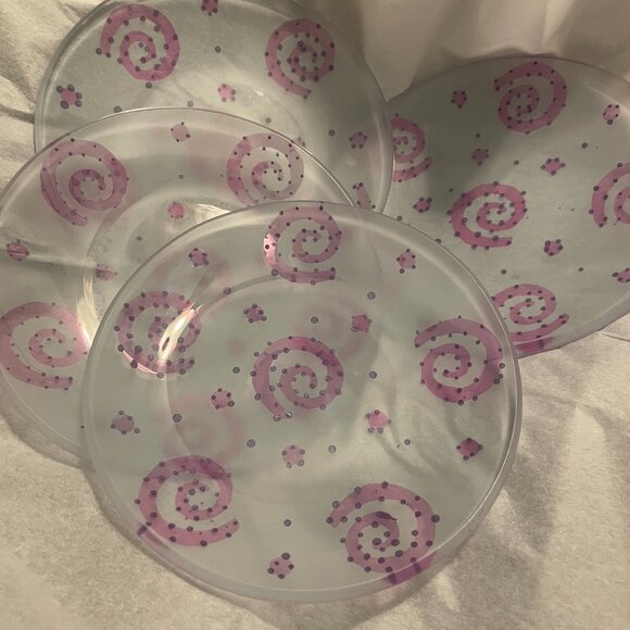 VINTAGE Dessert Plates Hand Painted Glass Pink Swirls Set of 4 Exc. Condition - Picture 3 of 5